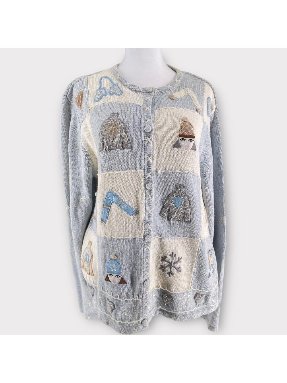 Vintage Erika Pastel Blue Snowflake Winter Button Up Cardigan Sweater Holiday L